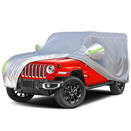 Waterproof Car Cover for Jeep Wrangler 2006-2021 JK & JL 4 Door All Weather Protection Jeep Cover with Windproof Straps Fits up to 190’’, Silver