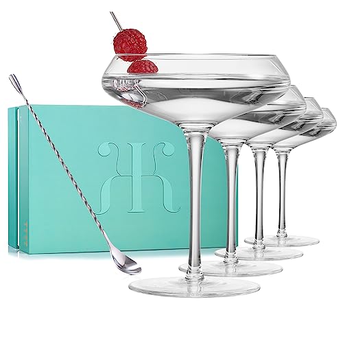 Crystal Martini, Cocktail, Champagne Coupe Glasses Set of 2 with Silver Spoon | 10oz | Crystal Luxury, Premium Hand-Blown | Classic Cocktail & Glass Coupes For Manhattan, Cosmopolitan Sidecar, Goblets