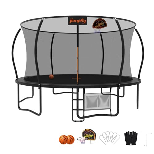 Tranpoline Outdoor Tranpoline for Kid with Basketball Hoop 8/10/12/14FT Recreational Tranpoline with Enclosure Net Dual-color Pad Quick Easy Assembly ASTM Certified Big Tranpoline for Backyard