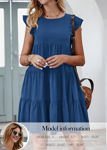 KIRUNDO Women's Summer Dresses Sleeveless Ruffle Sleeve Round Neck Solid Loose Short Flowy Pleated Mini Babydoll Dress