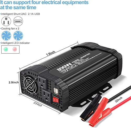 BYGD 800W Power Inverter Converter12v DC to 110v AC Inverter Car Plug Adapter Outlet Charger with Dual AC Outlet and 2 Quick Charging USB Ports for Vehicles, Power Inversor 800 Watts.
