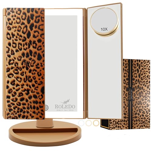 RoLeDo Makeup Mirror with Lights, 72 LED Trifold Vanity Mirror Light for Desk, 5x/2X Magnification, Touch Screen, 3 Color Lighting, Cosmetic Lighted Make Up Mirror, Gift for Women, Snake Print