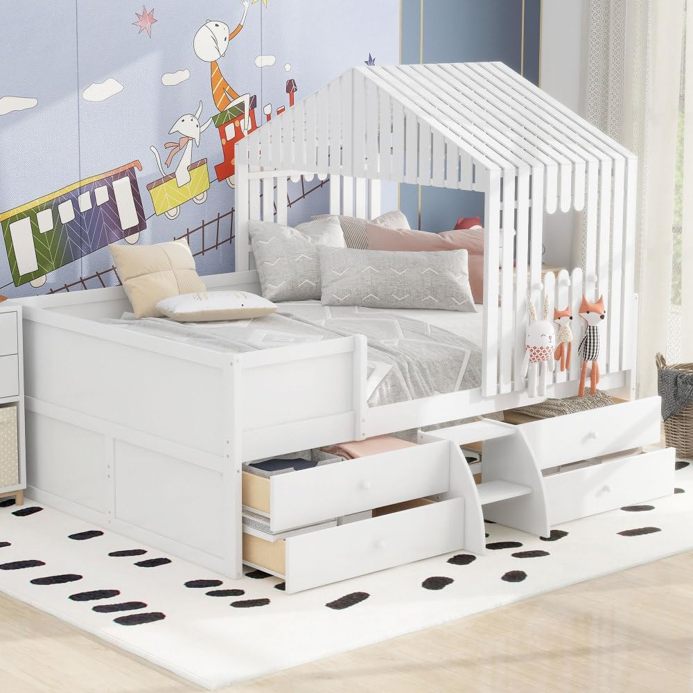 Full Size House Low Loft Bed with Four Drawers,White 2-Numbers of Package Pine+MDF 350Lb 10pcs 77.8