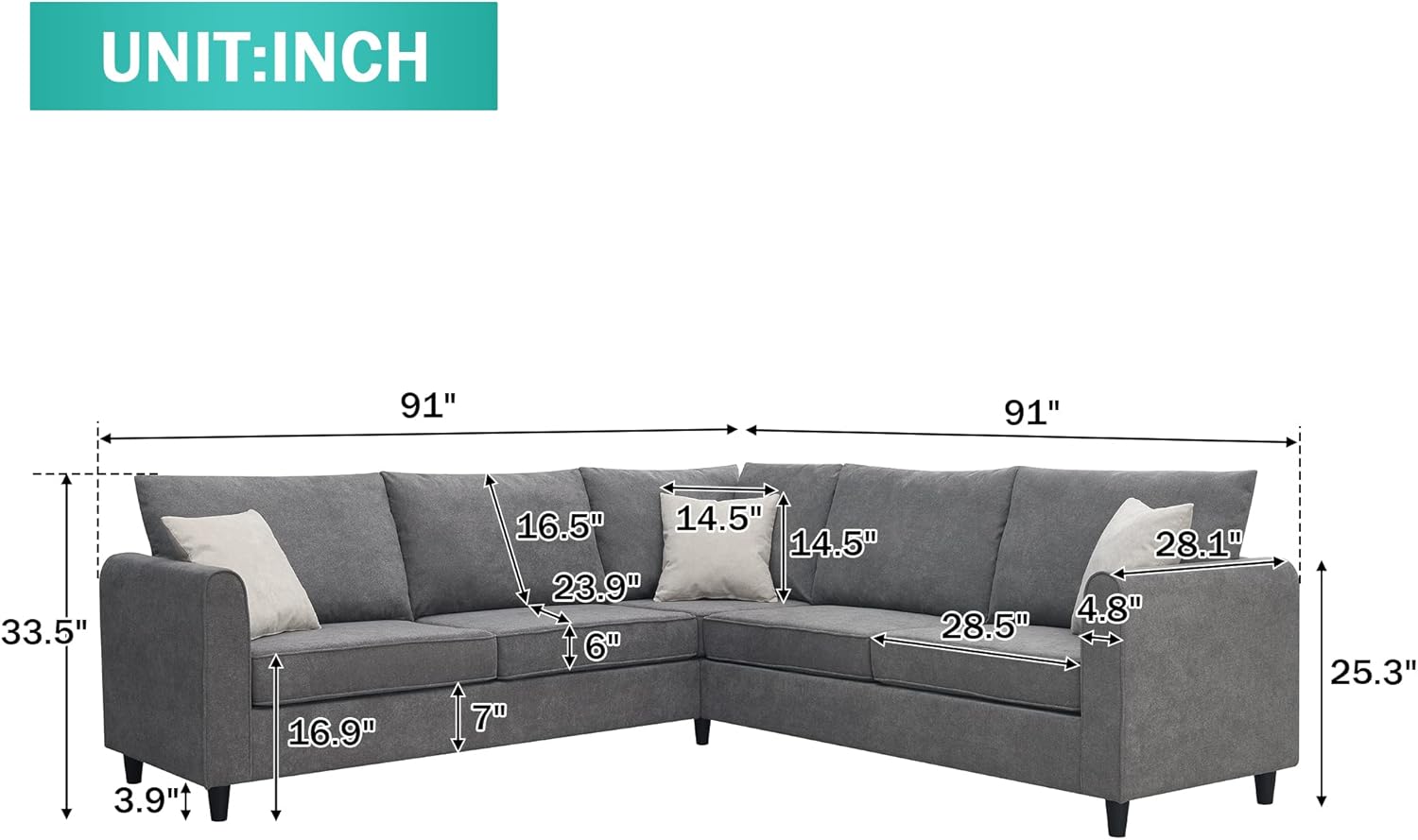 Ucloveria Sectional Sofa Couch, Modern Upholstered Living Room Sectional Sofa, 91