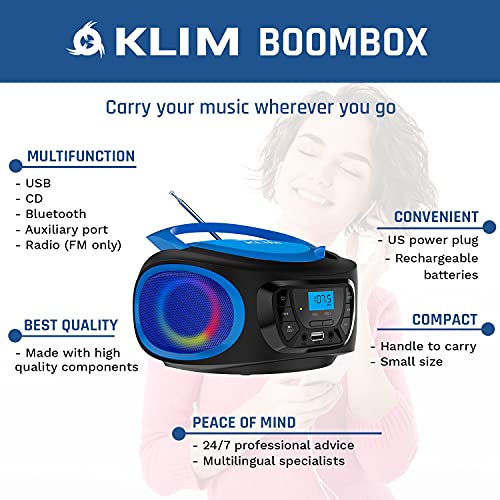 KLIM Boombox Portable Audio System - New Version 2024 - FM Radio CD Player Bluetooth MP3 USB AUX - Includes Rechargeable Batteries - Wired & Wireless Modes - Compact and Sturdy - Blue