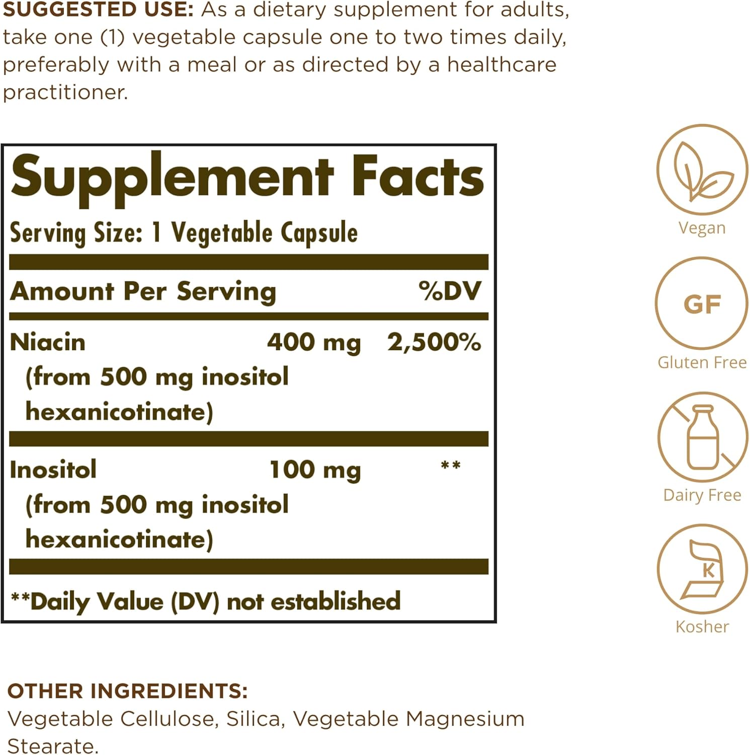 SOLGAR No-Flush Niacin 500 mg - 100 Vegetable Capsules - Supports Energy Metabolism & Nervous System - Vegan, Gluten & Dairy Free, Kosher - 100 Servings