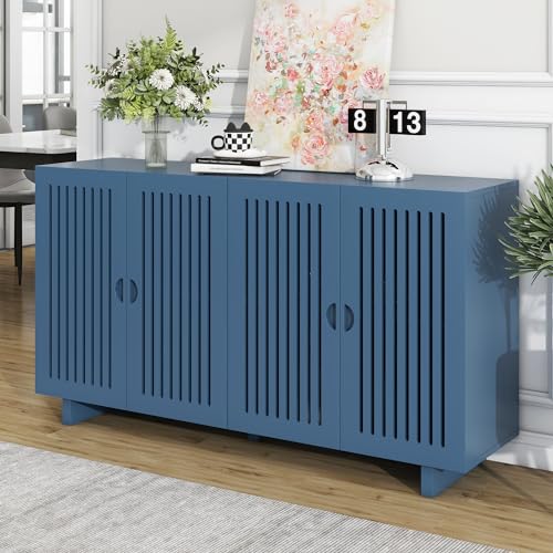 Modern 4-Doors Sideboard with Hollow Door Design and Large Storage Space,Wood Buffet Cabinet with Adjustable Shelves for Living Room Dining Room Kitchen Entryway (Navy Blue)