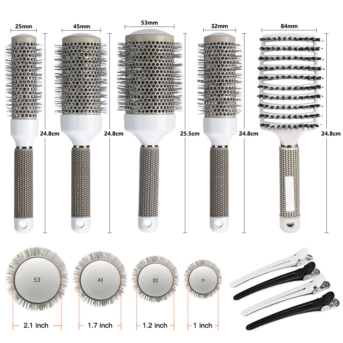 Round Brush Set for Blow Drying, with Boar Bristle Vented Curved Detangling Hair Brush, Thermal Ceramic & Ionic Tech Reduce Frizz Hair, Makes Hair More Smooth and Shiny for Curling & Straightening