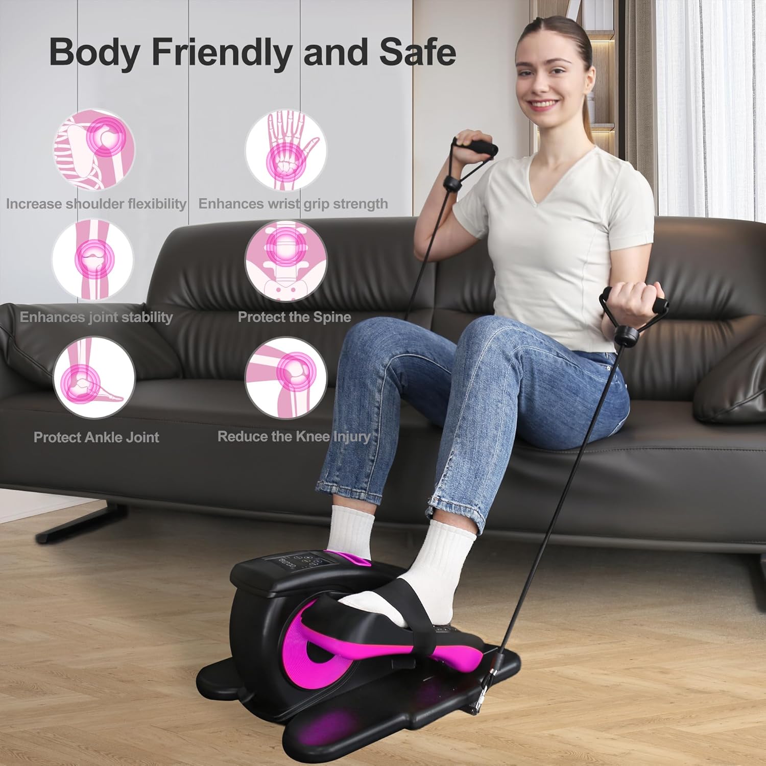 Mysuntown Under Desk Elliptical for Home, Leg Exerciser While Sitting for Seniors, Quiet and Portable Ellipse Leg Exerciser with Remote Control & Pedals Straps & 12 Adjustable Speed, Pink