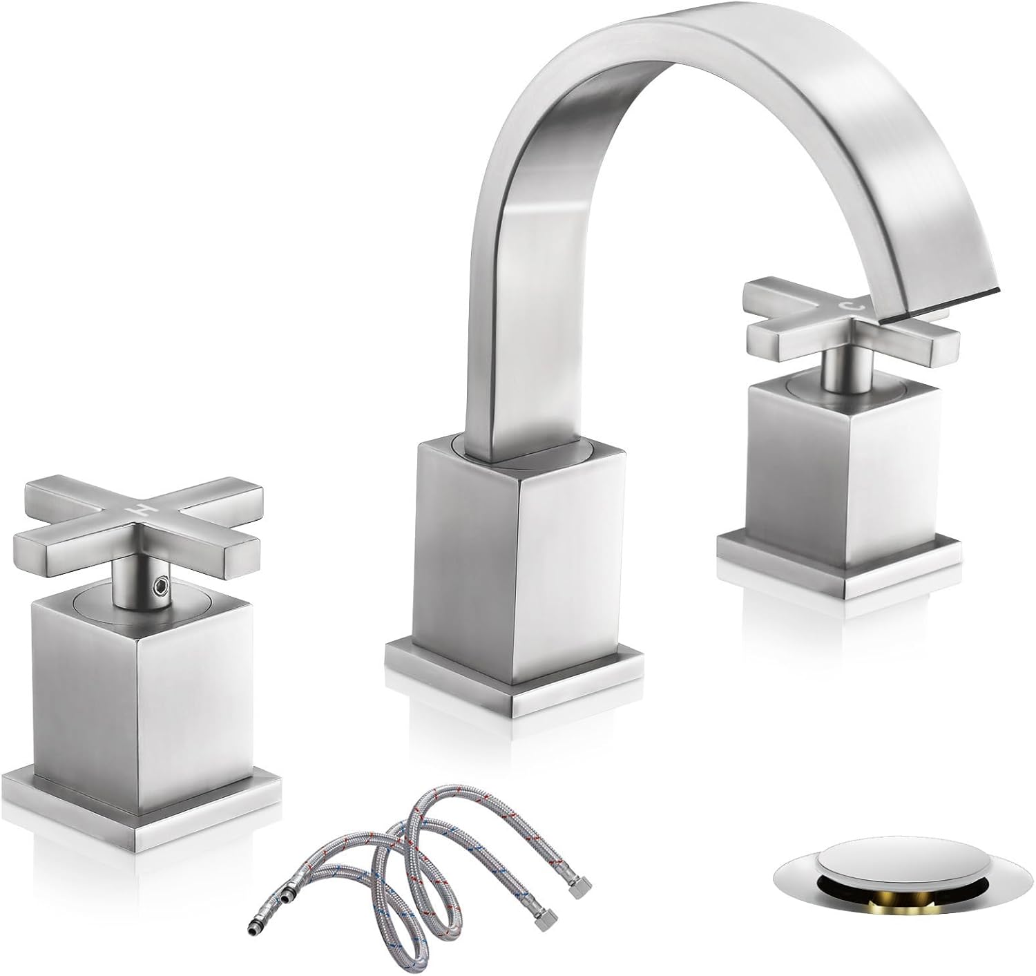 Phiestina Brushed Nickel Waterfall Bathroom Faucet, Widespread 3 Hole 8 Inch Modern Sink Faucet, with 360 Degree Swivel Spout, Pop Up Drain and Water Supply Lines, WF001-10-BN