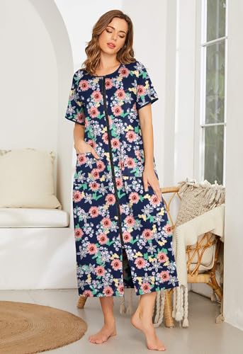 Ekouaer Women Robes Zipper Front Short Sleeve Full Length Housecoat with Pockets Loungewear S-4XL