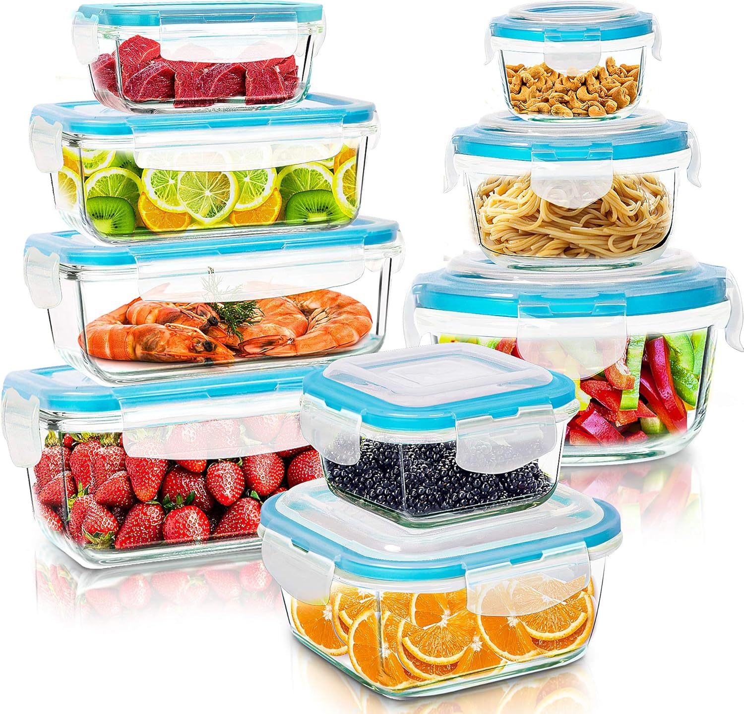 Utopia Kitchen Glass Food Storage Container Set - 18 Pieces (9 Containers and 9 Lids) - Transparent Lids - BPA Free (Blue, 18 Piece Set)