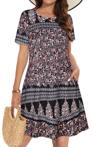 Summer Dresses for Women Casual Tshirt Short Sleeve Floral Sundress Beach Cover Ups with Pockets