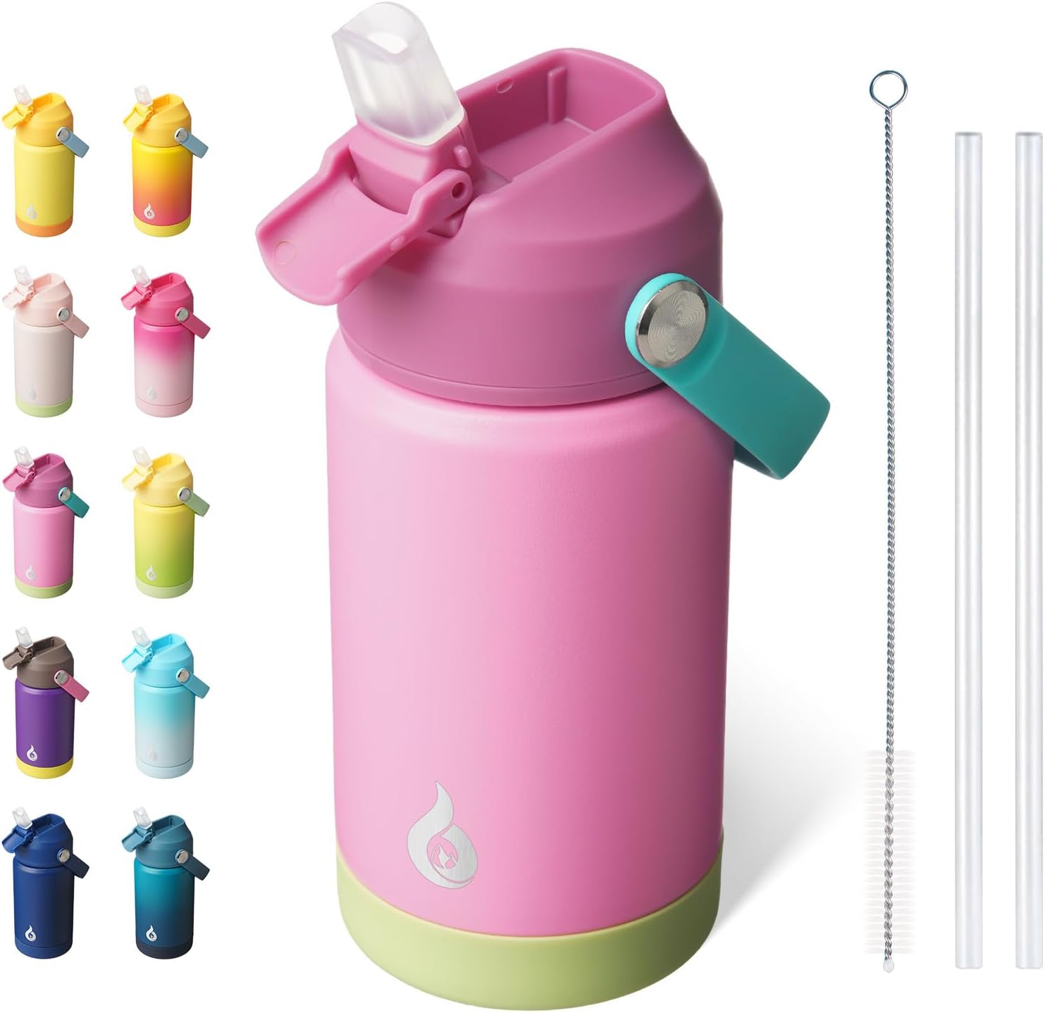 BJPKPK Insulated Water Bottle with Straw Lid, 12oz Thermos Water Bottles, Flex Handle & Non-slip Boot, BPA Free Leak Proof Stainless Steel Metal Water Bottles, Tumblers, Cups,Rose Pink