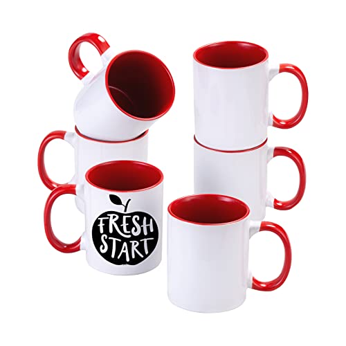 Cutiset 11 Ounce Ceramic Mug with Red Colors inside and Handle,Sublimation Mugs,White Ceramic Mug, DIY Cups, Bulk Mugs,Set of 6