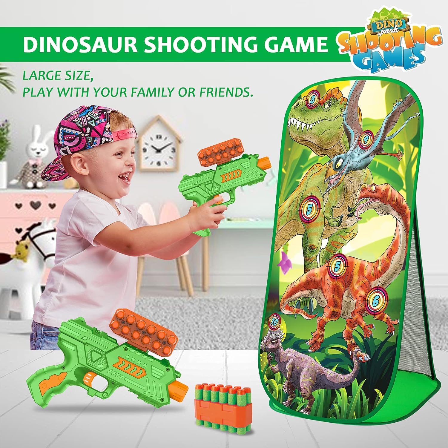 Shooting Game Toy for Age 5 6 7 8 9 10+ Years Old Kids, Boys, Dinosaur Shooting Target with 2 Foam Dart Blasters 40 Foam Darts, Ideal Kids Gift for Indoor Outdoor