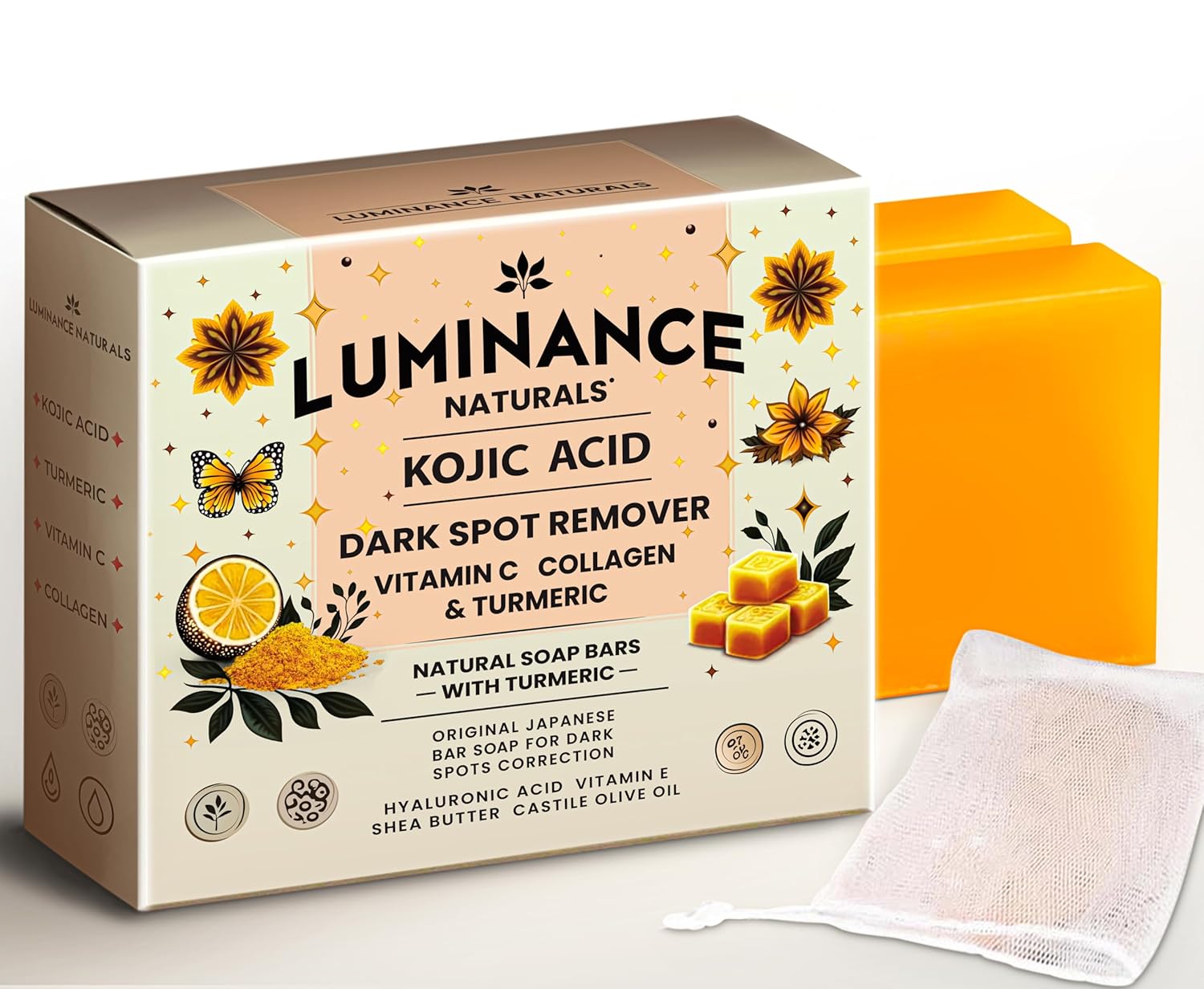 Turmeric and Kojic Acid Soap for Dark Spot Remover with Vitamin C, Retinol, Collagen, Rich in Hyaluronic Acid, Vitamin E, Shea, Olive Oil for Skin Rejuvenation (2 Pack)