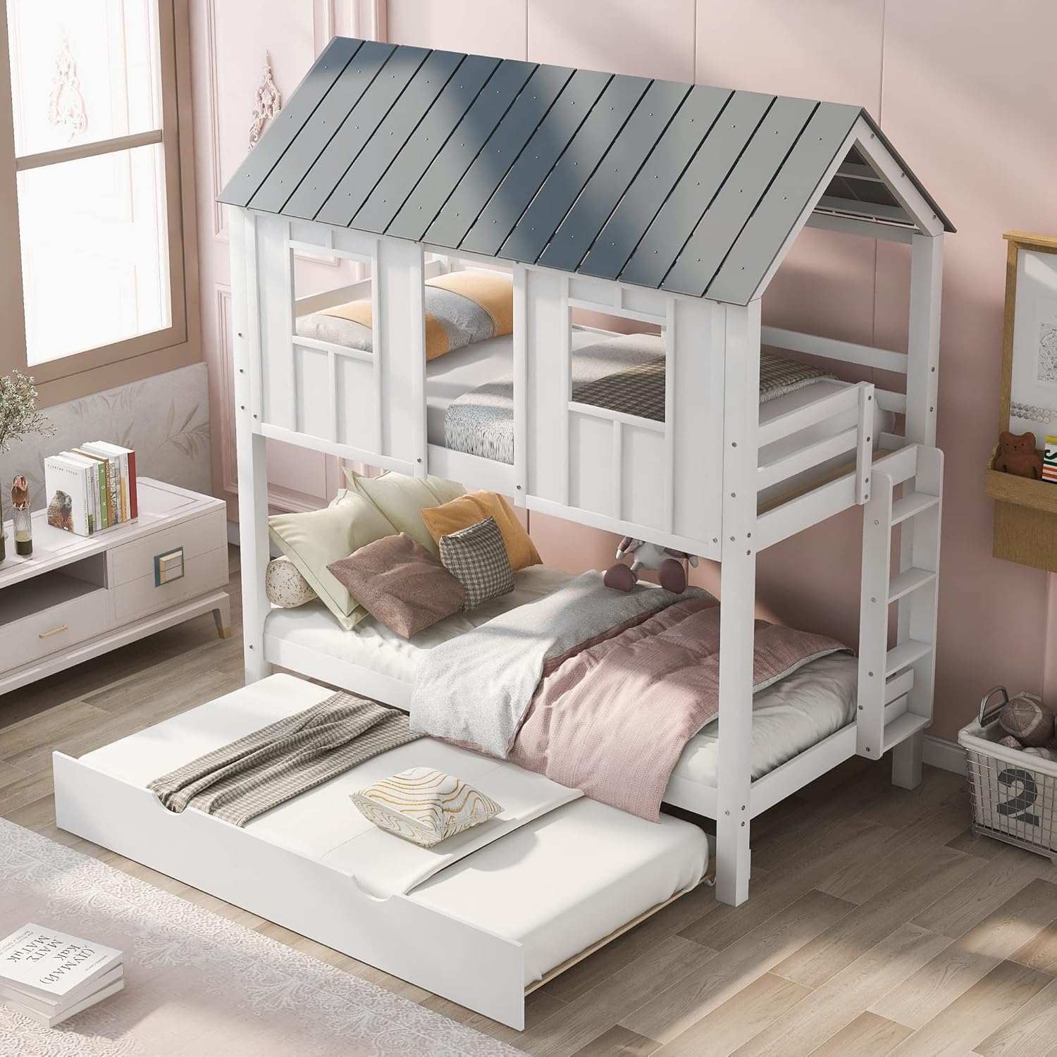 Twin Over Twin House Bunk Beds with Trundle, Wood Bed Frames with Two Front Windows and Roof for Toddlers/Boys/Girls, White