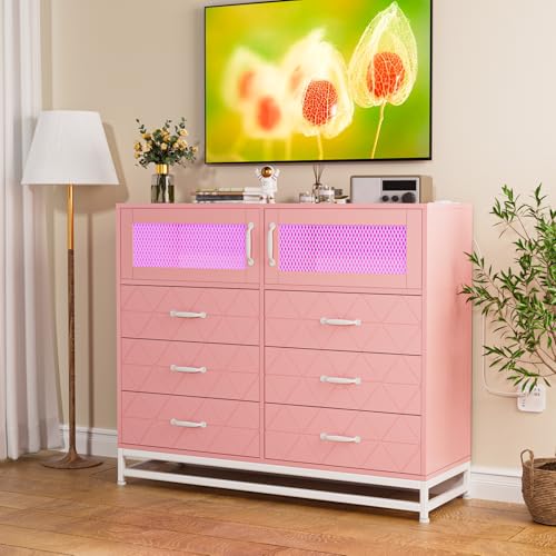 Dresser for Bedroom with LED Lights and Charging Station, 6 Drawer Double Dresser with 2 Shelves, Wide Modern Wooden Chest of Drawers for Bedroom, Entryway, Hallway, White