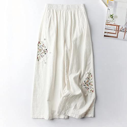 Womens Linen Blend Summer Comfy Palazzo Pants Elastic Waist Wide Leg Slim Fit Pants Travel