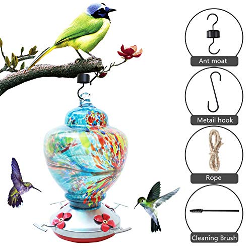 Hummingbird Feeder for Outdoors Glass Bird Feeders Easy to Clean&Filling Bird Feeder Best with Color Hand Blown Glass Leakproof 32 Ounces Blue Hummingbird Feeders Hanging Hook&Ant Moat