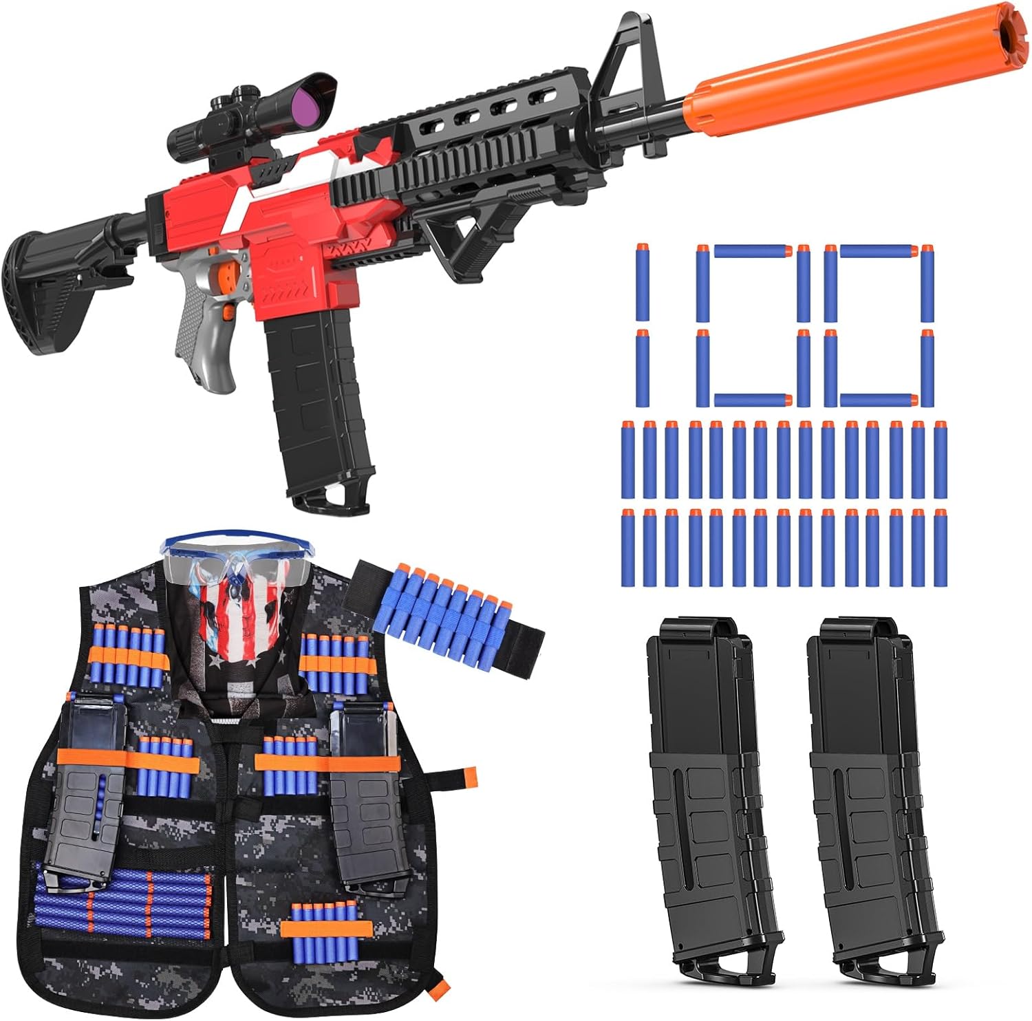 Toy Gun Sniper for Nerf Guns Bullets, Automatic Toy Foam Blaster with Tactical Vest, 2 Clips and 100 Darts, Realistic Toy Rifle for 8-12 Year Old Kids, Electric Toy Birthday Xmas Gifts