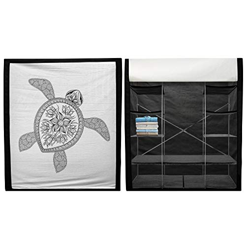 Ambesonne Turtle Portable Fabric Wardrobe, Turtle Design Tattoo Style Doodles Floral Ornaments Asian, Clothing Organizer and Storage Closet with Shelves, 59