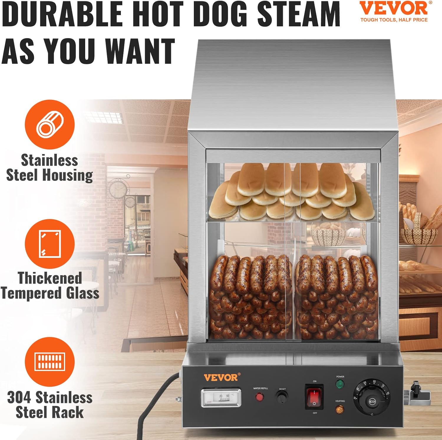 VEVOR Hot Dog Machine, 36 L, 2-Tier Hot Dog Steamer for 200 Hotdogs & 42 Buns, 1200W Electric Bun Warmer Cooker with Rotary Knob Temp Display 7.5 L Water Tank, Stainless Frame and Tempered Glass Doors