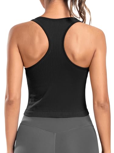 ATTRACO Workout Crop Tops for Women with Built in Bra U Neck Ribbed Seamless Yoga Tank Tight Fit