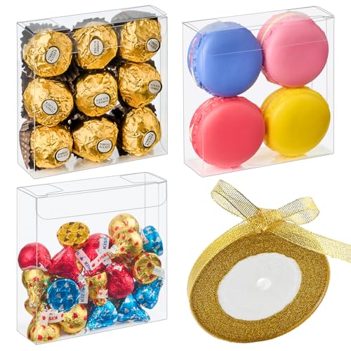 Ohuimrt 45 Pack Clear Favor Boxes 4 x 4 x 4 Inches, Transparent Plastic Gift Boxes with Gold Ribbon Party Favor Boxes for Treats, Cupcakes, Candies, Chocolates