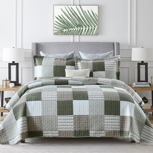 Y-PLWOMEN King Size Quilt - 100% Cotton Cozy King Quilt Set, Farmhouse Plaid King Bedspread, Reservible Lightweight King Quilt Bedding Set for All Season, 3-Pieces