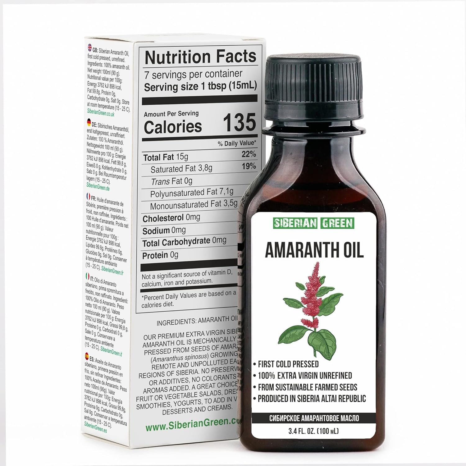 Siberian Amaranth Oil | 100% Natural Extra Virgin Cold Pressed 100 ml / 3.4 fl oz | Unrefined Raw No-GMO Vegan | Exclusive Food Grade