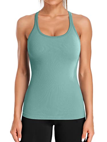 ATTRACO Ribbed Workout Tank Tops for Women with Built in Bra Tight Racerback Scoop Neck Athletic Top