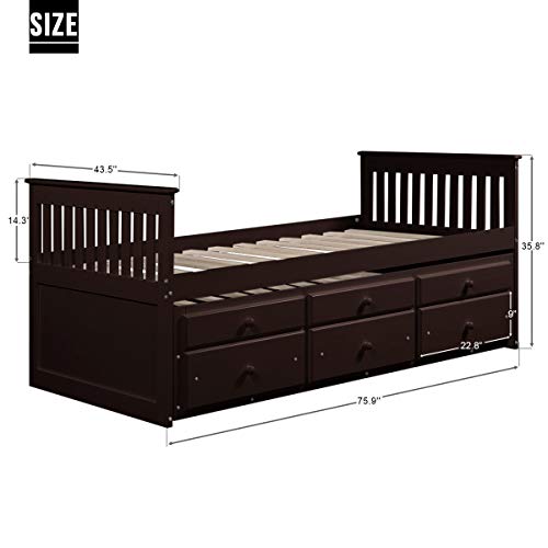 Twin Captain's Bed with Trundle and 3 Storage Drawers, Wood Daybed Frame with Headboard and Footboard,Wooden Platform Bed Great for Kids, Teens, Adults (Brown)
