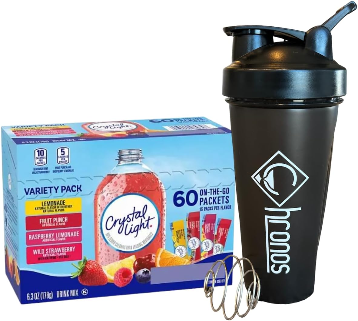 CHRONOS Shaker Bottle with Crystal Light Variety Pack 60 ct (15 Wild Strawberry, 15 Fruit Punch, 15 Lemonade, and 15 Raspberry Lemonade)