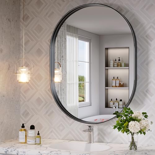 Black Oval Mirror for Bathroom, 40 x 30 Inch Oval Bathroom Vanity Mirror for Wall, Wall Mounted Metal Frame Mirror for Bedroom Living Room Entryway, Wall Decor, Hangs Horizontal or Vertical