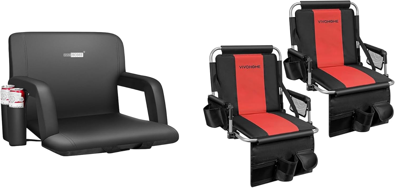 VIVOHOME Reclining Stadium Seat Chair with Backrest and Armrests, Portable Cushion for Bleachers Stadium Seats with Back Support and Cushion, 2 Pack Bleacher Chairs with Cup Holder