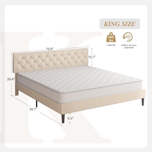 Full Size Bed Frame with Button Tufted Headboard, Linen Upholstered Platform Bed with Wooden Slats Support, Easy Assembly, No Box Spring Required, Pink