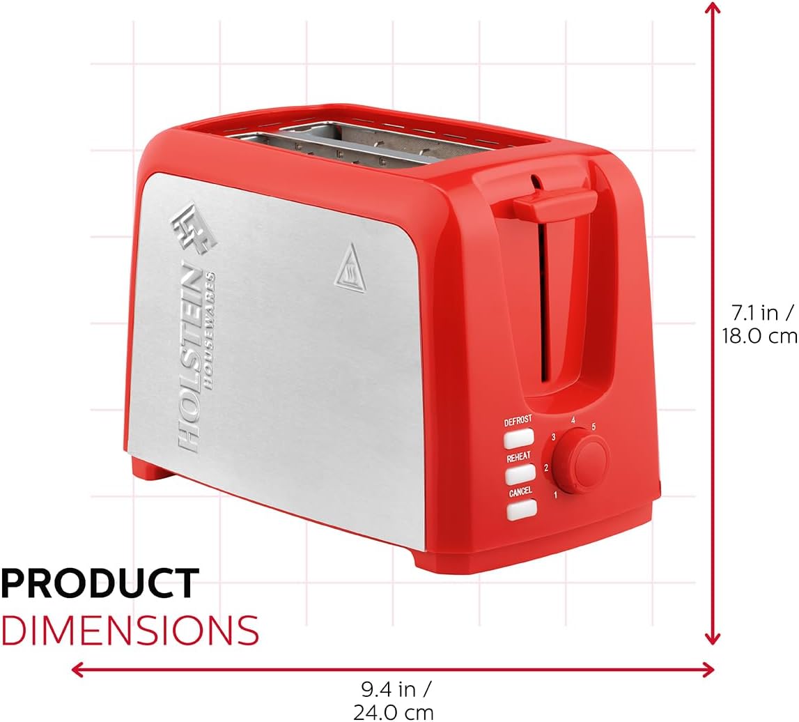Holstein Housewares - 2-Slice Toaster with 7 Browning Control Settings, Red/Stainless Steel - Great to Toast Bread, Bagels and Waffles