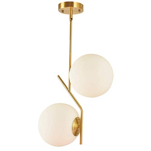 4 Lights Modern Globe Pendant Light Fixture Mid Century Chandelier G9 Bulb Brushed Brass Finished White Globe Glass Shade Dining Kitchen Living Room Lighting (Gold)