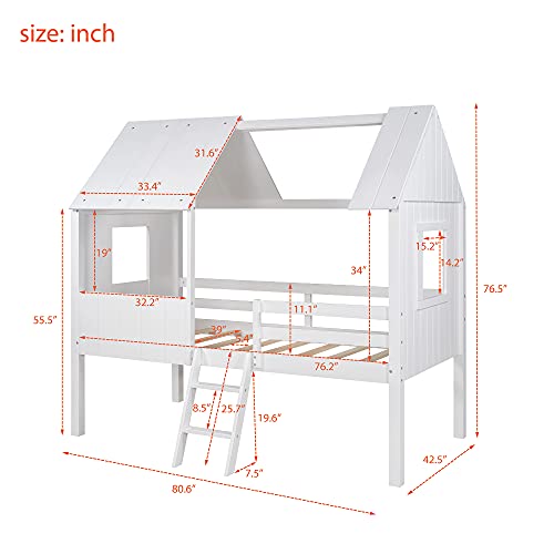 Wood House Bed, Low Loft Bed Twin Size with Roof and Two Side Windows, House Shaped Loft Bed with Ladder for Kids, Teens, Girl or Boys, No Box Spring Needed (Normal White+Normal White)