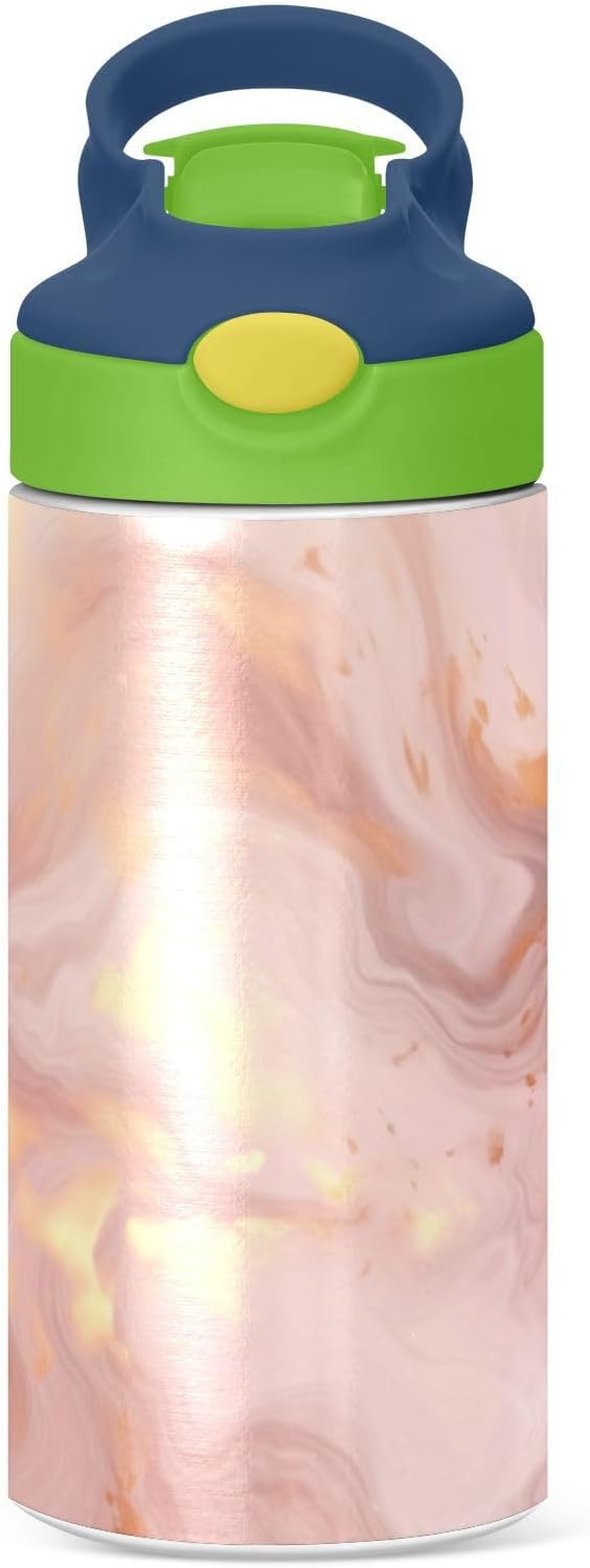 Small Water Bottle for Kid 12oz Pink Gold Marble Insulated Bottles with Straw Lid Stainless Steel Tumbler Vacuum Cup Thermal Bottles