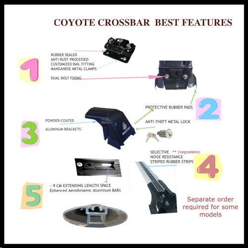 Coyote Roof Rack Crossbars Fit for 2021-2025 KI-A Seltos Flush Side Rails, Lockable Cross Bars for Rooftop Cargo Box Luggage, Ski Board, Bike Carrier – Black