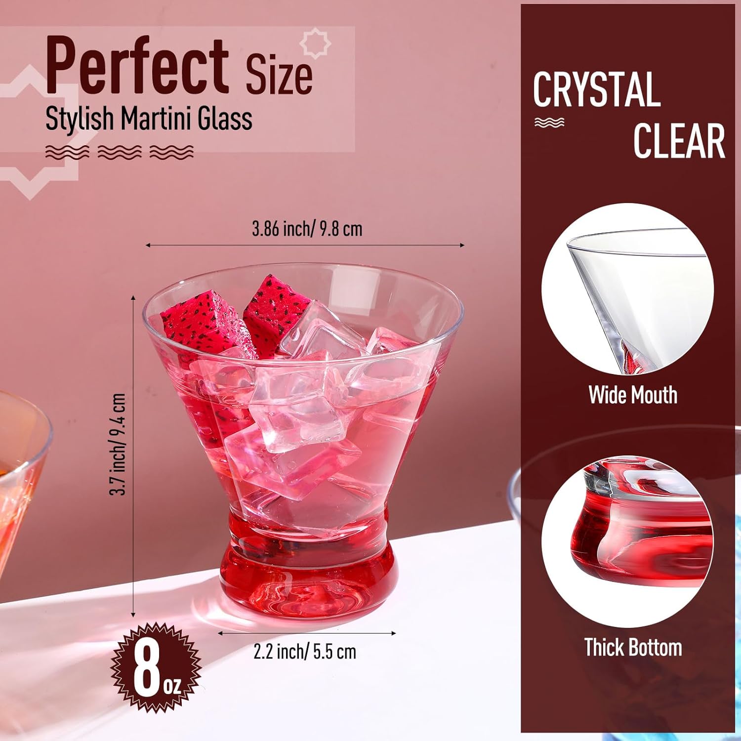 Sunnyray 18 Pcs Mocktail Glasses Bulk 8oz Stemless Martini Glasses Crystal Margarita Glasses Cocktail Glasses for Graduation Party Prom Wedding Banquet Home Bar Cosmopolitan Manhattan Brandy Whiskey