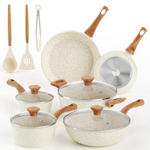 Pots and Pans Set Nonstick, 13 Piece Kitchen Nonstick Cookware Sets with Bakelite Handles, Non-Toxic Non Stick Cooking Set, Granite, Induction Compatible (PFOS, PFOA Free)