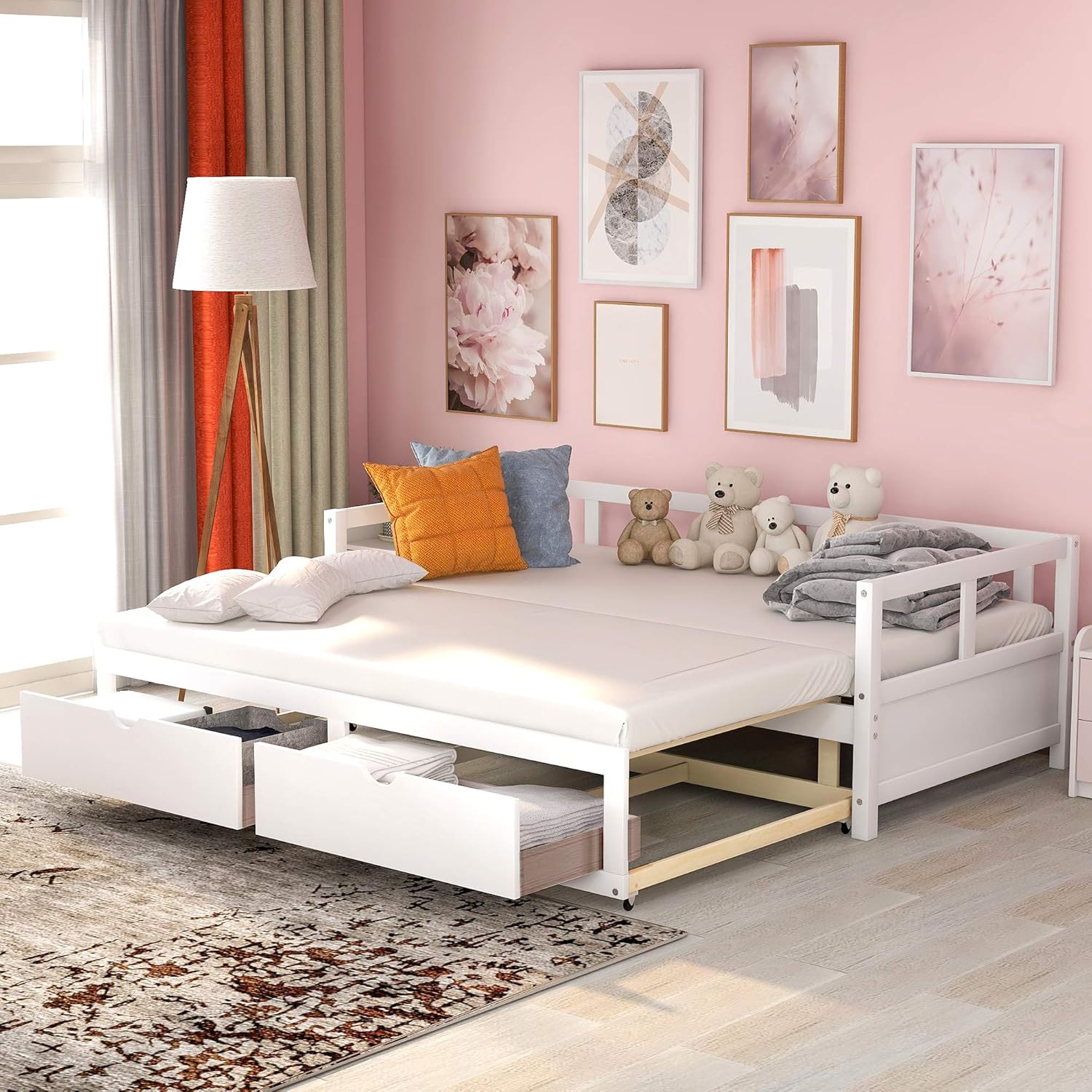 Solid Wooden Daybed with Trundle and Two Storage Drawers,Extendable Twin to King Size Platform Bed,Easy Assembly,for Bedroom,Living Room,Guestroom,White