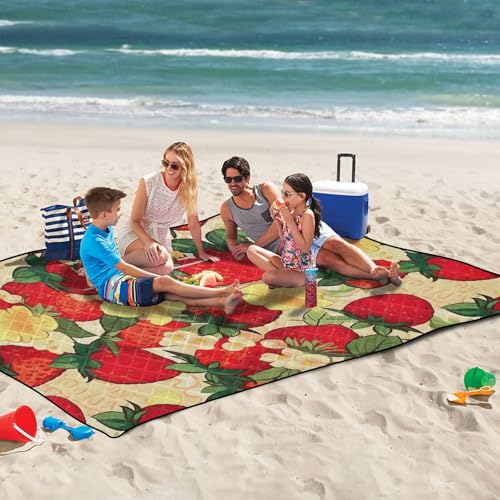 Cartoon Fruit Red Strawberry Picnic Blanket Waterproof Foldable Outdoor Beach Blankets Sandproof Picnic Mat Reversible Camping Blanket for Grass Park Hiking Travel Concerts Indoor, 60x80 in