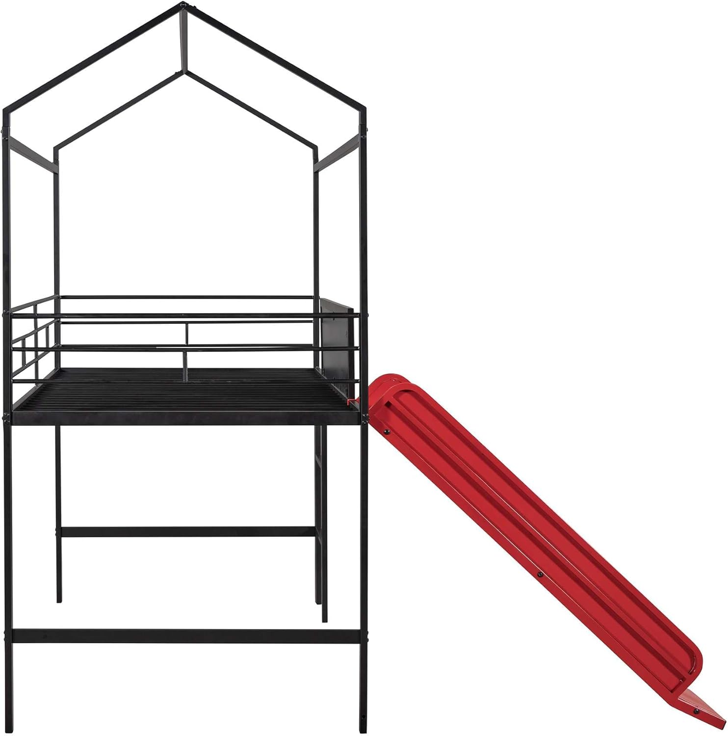 Adventure-Ready Twin Metal Loft Bed with Slide and Writable Wooden Boards in Black and Red - Create, Play, and Sleep in Style!