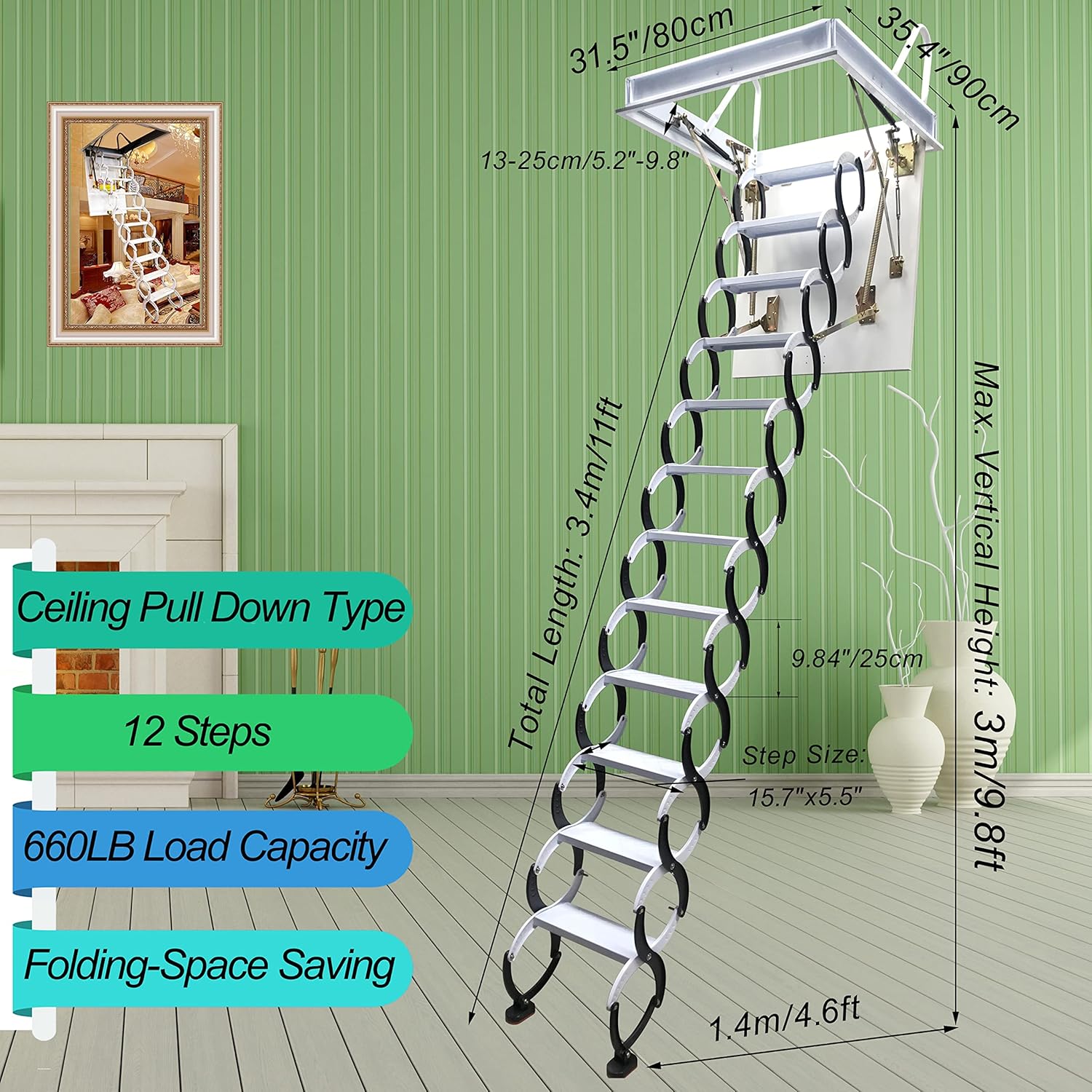 TECHTONGDA 9.8ft Attic Ceiling Pull Down Ladder, 12 Steps Folding Loft Ladder, Pulldown Attic Extension Ladder, 660LB Load Capacity Attic Stairs, 31.5