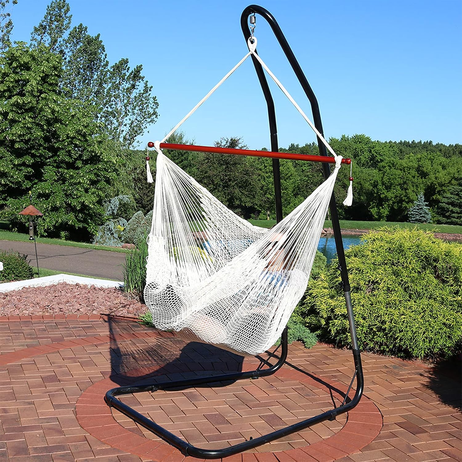 Sunnydaze Cabo-Style Hanging Rope Hammock Chair Swing with Adjustable Stand - 330-Pound Capacity - Black Stand - Cream